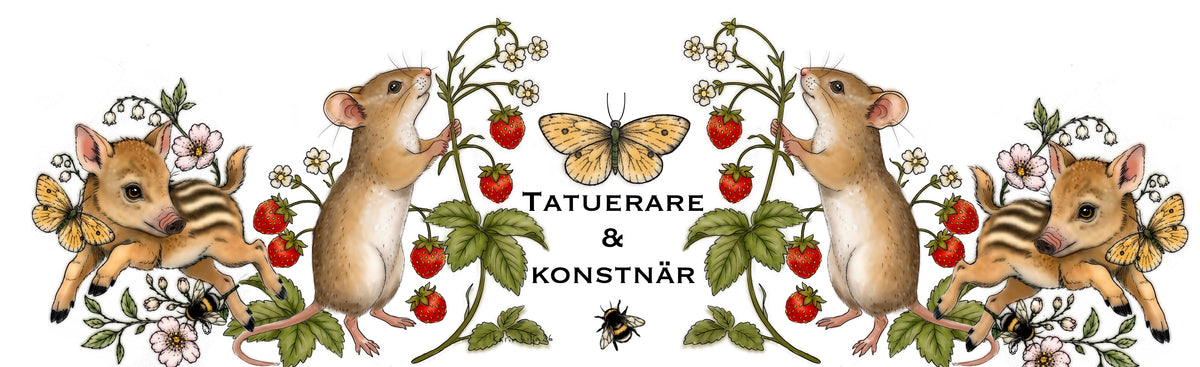 A decorative illustrated border featuring two small deer, two mice, a butterfly, flowers, strawberries, and the text 'TATUERARE & KONSTNÅR' on a white background.